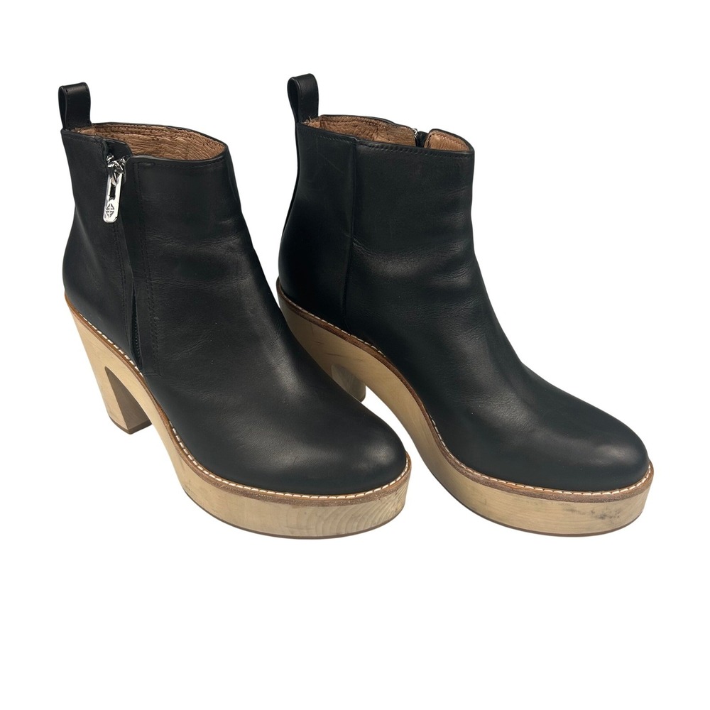 Antonio Melani Black Leather Wood Platform Block Heel Ankle Boots Womens 7M